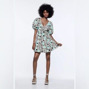 Zara Floral Puff Sleeve Mini Dress - Black and Blue